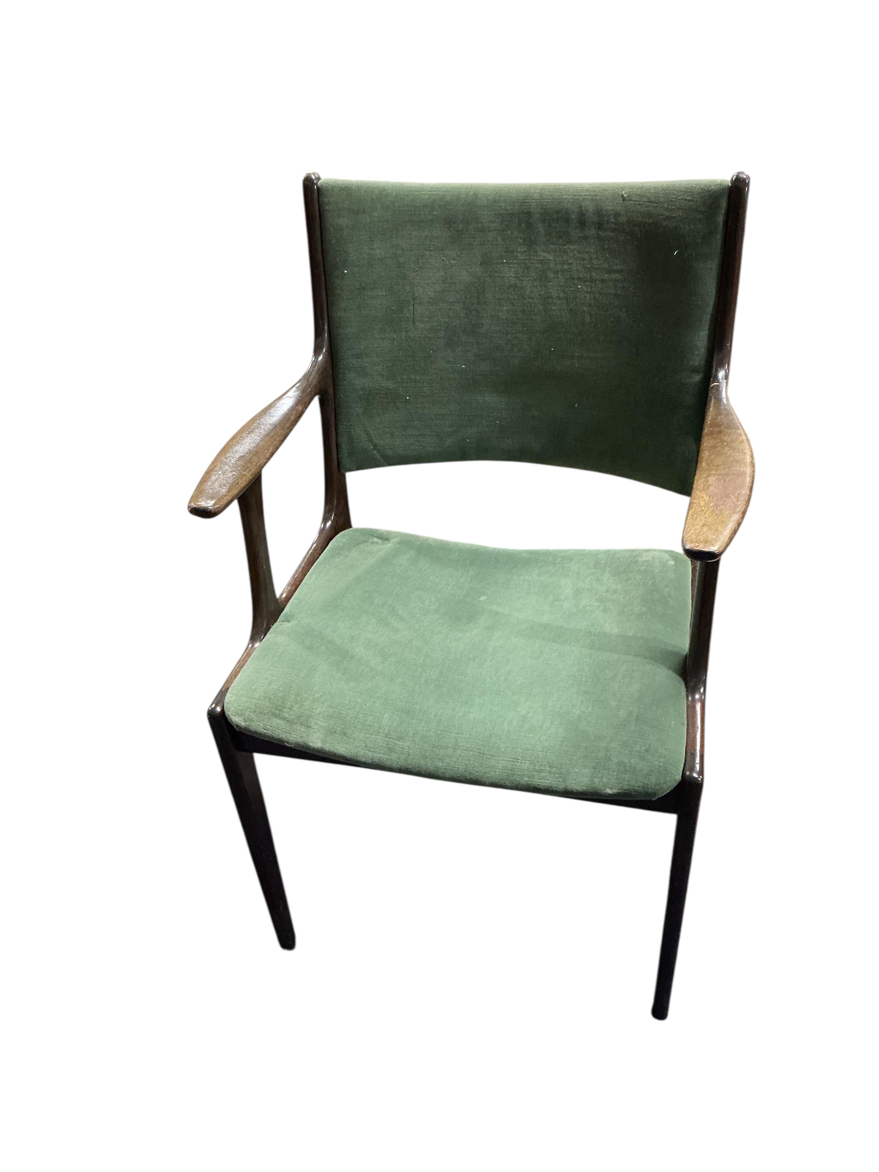 A pair of mid century teak armchairs, width 52cm, depth 45cm, height 82cm